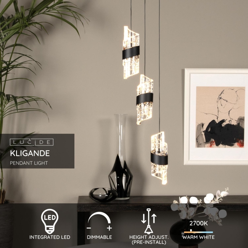 Lucide KLIGANDE - Závesné svietidlo - Ø 25 cm - LED Rozm. - 3x8W 2700K - Čierna